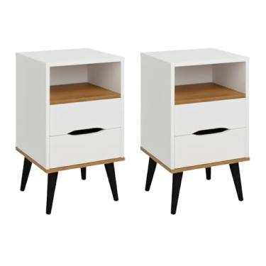 Imagem de Kit 2 Mesas de Cabeceira OLD 2 Gavetas e Nicho Para Quarto Moderno e Elegante (Branco/Freijó)