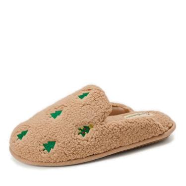 Imagem de Dearfoams Novidade feminina presente Teddy Sherpa Scuff Slip on House Shoe, ícone de árvore de Natal, M