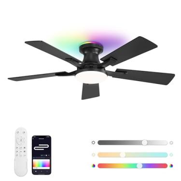 Imagem de ZMISHIBO Ventoinhas de teto inteligentes de 106 cm com luzes RGB, ventilador de teto de baixo perfil com Alexa/App/controle remoto, luz LED regulável de 20 W, ventilador moderno preto para sala de