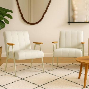 Imagem de Poltrona Sala Decorativa Industrial Champanhe Kit 2 Laurita Linho Bege K01 - D'rossi