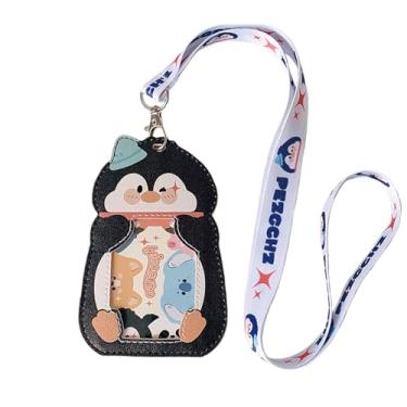 Imagem de Cordão de crachá fofo com desenho animado pinguim, porta-cartão de identificação, chaves de crachá de identificação, cordão de pescoço, cordão de couro PU para mulheres, meninas e meninos (pinguim)