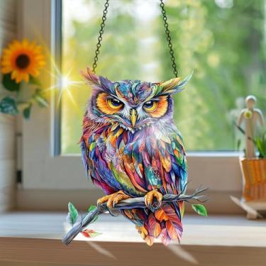 Imagem de Apanhador solar de acrílico colorido, estilo vitral estampado de coruja animal com reflexos de arco-íris, arte de parede para decoração de janela suspensa, ornamentos de Natal para uso interno e
