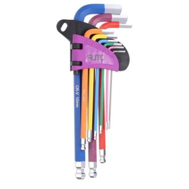 Imagem de HARFINGTON Conjunto de 9 chaves hexagonais de extremidade esférica 1,5/2/2,5/3/4/5/6/8/10 mm CR-V aço em forma de L ferramentas de reparo para reparo doméstico com fivela, multicolorido