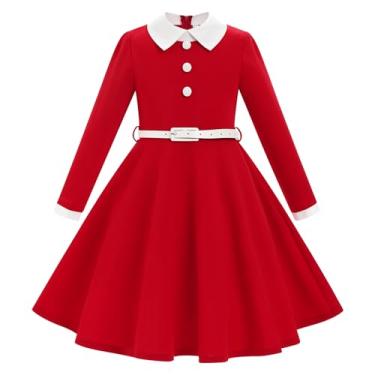 Imagem de Vestidos vintage dos anos 50 de manga comprida para meninas, vestidos da década de 1950, para crianças, rockabilly, baile, casual, festa de aniversário, vestido rodado com cinto, Vermelho, 11-12 Anos
