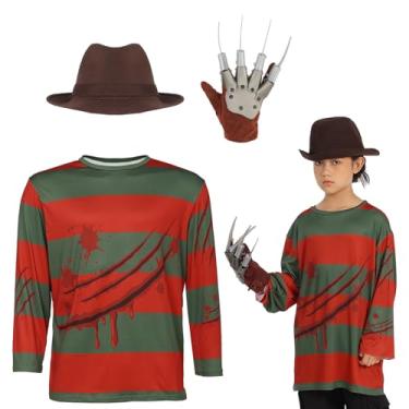 Imagem de EchoElce Fantasia de Halloween para crianças, meninos, vermelho e verde, listrada, luva de garra (11 a 12 anos)