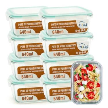 Imagem de Conjunto com 8 Potes de Vidro com Tampa Hermética, Marmita para Alimentos, 640ml, Trava de Segurança
