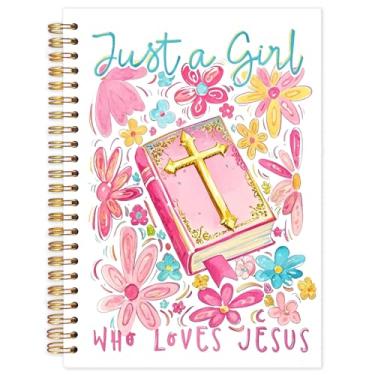 Imagem de Yhtrg Caderno floral rosa cristão, Just a Girl Who Loves Jesus Bible Floral Journal Spiral Notebook para mulheres, diários de escrituras bíblicas para escrever, presentes cristãos para mulheres, 14 x