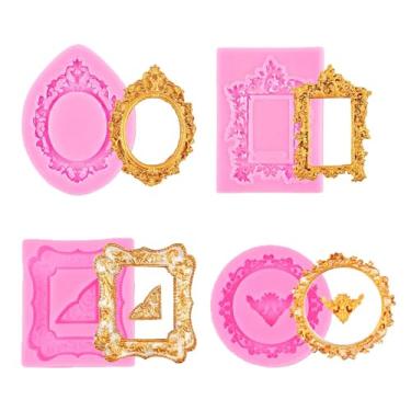 Imagem de 4 moldes de silicone para moldura de foto estilo barroco, mini moldura de silicone e moldes de argila seca ao ar livre para artesanato (rosa)
