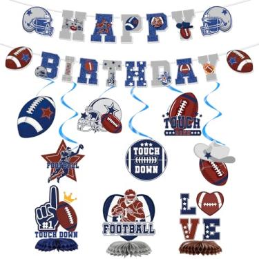 Imagem de Hokinaa Decorações de aniversário de futebol caubói - 11 peças de bandeiras de rúgbi americano de caubói azul penduradas redemoinhos de centro de mesa em forma de favo de mel estrelas feliz dia de