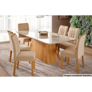 Imagem de Sala De Jantar Completa Helena C- Tampo Madeirado C- Vidro 210x100cm E 6 Cadeiras Juliana Madeirado-suede Nude Bege - Cimol