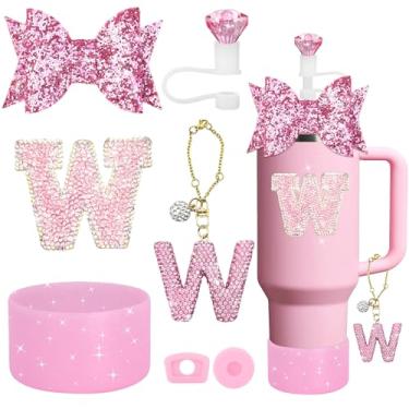 Imagem de YesMvpMvp Conjunto de acessórios de copo Stanley de 7 peças, pingente de letra para copos Stanley, incluindo canudo de diamante, canudo de laço, bota de silicone brilhante para Owala 850 g e 1,134 g