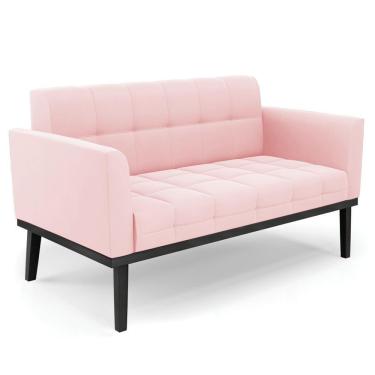 Imagem de Sofá Namoradeira Base Madeira Preto Ana Suede Rosa Bebê - Ibiza