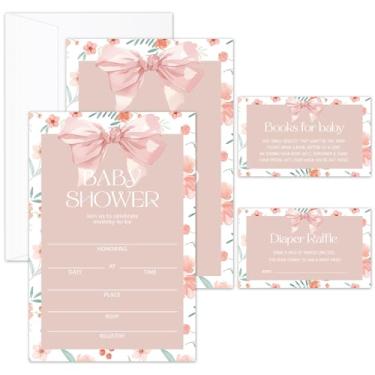 Imagem de ZARYFANCHY Conjunto de convites para chá de bebê, convites de chá de bebê floral e laço para meninas, 25 convites com envelopes, cartões de solicitação de livro e ingressos de sorteio de fraldas