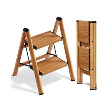 Imagem de Soladder Prateleira de madeira de 2 degraus, leve, dobrável, com pedal antiderrapante e largo para economia de espaço em casa e na cozinha