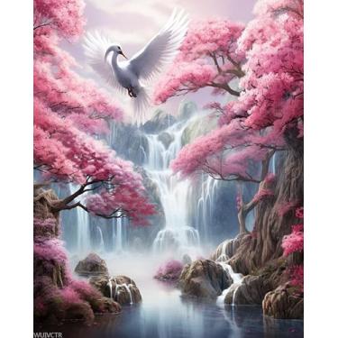 Imagem de WUIVCTR Pintura por números para adultos, árvores de cerejeira rosa, cachoeira de garças, pintura por números em tela, arte de desenho de pintura DIY para presente iniciante, 40 x 50 cm, sem moldura