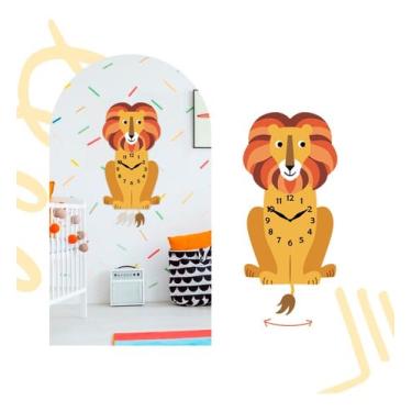 Imagem de Relógio Parede Pêndulo Autocolante Mdf Infantil Decoração (Leão)