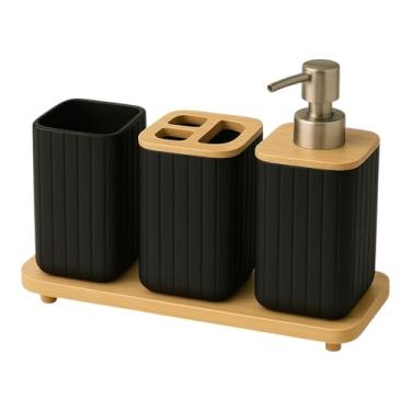 Imagem de Conjunto Premium para Banheiro Bambu Conjunto Para Pia de Banheiro Completo com 4 Peças, Porta Escova de Dentes, Dispenser para Sabonete Liquido, Copo e Bandeija de Bambu (Preto)
