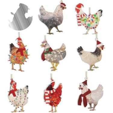 Imagem de Woanger Conjunto de 8 peças de enfeites de galinha de Natal engraçados de galinha com cachecol decoração de árvore de Natal para família doméstica (metal)