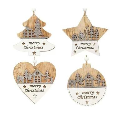 Imagem de Enfeites de Natal rústicos em madeira esculpida à mão com cenas em camadas 3D, decoração de Natal para Natal, Natal, inverno, árvore festiva, coração, círculos e formas de estrela