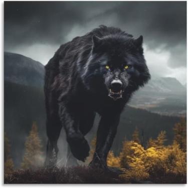 Imagem de Pôster de arte de parede em tela de lobo preto com olhos amarelos na floresta, decoração vintage 24 x 24 polegadas (60 x 60 cm)