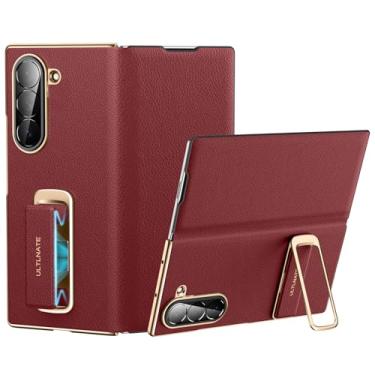 Imagem de zifiuzem Capa para Samsung Galaxy Z Fold 6 com couro de luxo de alta classe, suporte multiângulo com alça magnética, proteção total à prova de quedas, capa magnética de couro fino, vermelha