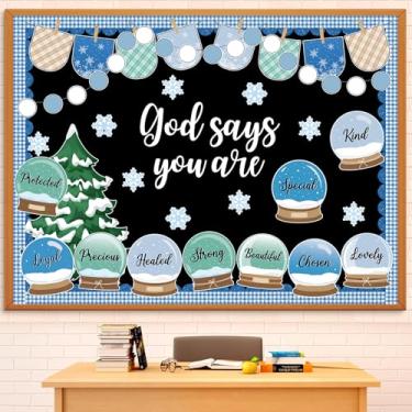 Imagem de Pajean Conjunto de quadro de avisos de Natal, decorações de sala de aula de Natal - Arte com recortes de parede com tema de férias de inverno para decoração festiva de escritório (bola de neve de