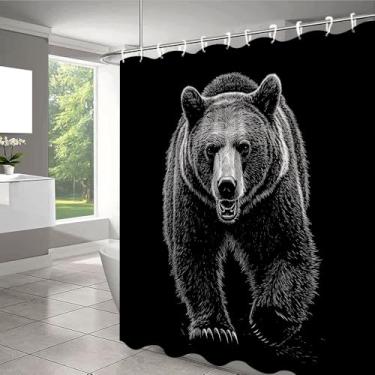 Imagem de QWRSMYX Cortina de chuveiro de urso, cabana rústica, retrô, campo, floresta, animal selvagem, acampamento, caça, aventura, vida selvagem, tecido poliéster, banheiro, decoração de casa, conjunto com
