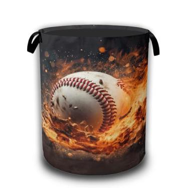 Imagem de Cesto de lavanderia esportivo com bola de beisebol no fogo, cestos de lavanderia dobráveis à prova d'água com alças, balde de armazenamento de roupas, organizador de brinquedos para banheiro/berçário