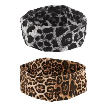 Imagem de MINACHI Pacote com 2 faixas de cabelo largas com estampa de leopardo para mulheres, faixas de cabelo boho macias e elásticas, turbantes com estampa de animais para ioga, treino ou uso diário