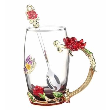 Imagem de FDINF Xícara de chá presentes para mamãe mulheres dia das mães vidro esmalte caneca aniversário borboleta rosa presentes para ela Dia dos Namorados Natal xícara de chá com colher