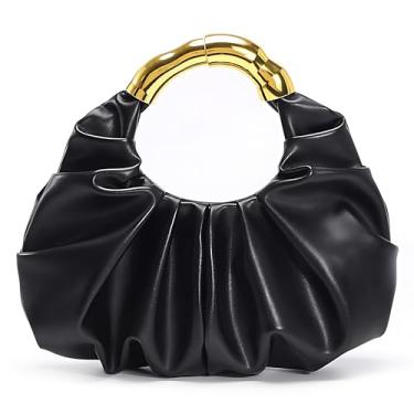 Imagem de JENSVOIR Bolsa clutch feminina – Bolsa de mão plissada de couro PU para noite, formatura, casamento, Alça dourada preta