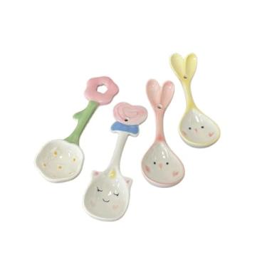 Imagem de Colheres de Jantar Colher de sopa redonda cerâmica 4 peças para meninas crianças colheres com alça curta pequenas para sobremesa ou conjunto, colorido