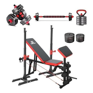 Imagem de Kit Estação Musculação Banco Supino Halteres Barra Kettlebell Anilhas Ajustável Consport