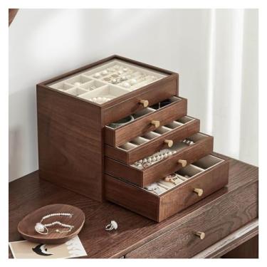 Imagem de HGTRH Caixa de joias grande de madeira de nogueira, caixa de joias de madeira feminina com tampa de vidro para colares, relógio, colar, anel, brinco, 4 camadas/5 camadas B