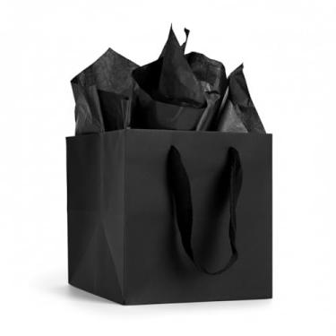 Imagem de Aosric Pacote com 12 sacos de presente pretos de 15 x 15 x 15 cm com papel de seda, 15 x 15 x 15 cm de espessura e saco de papel de compras quadrado reutilizável com alça de fita – para velas