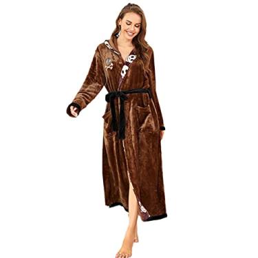 Imagem de SPXMQSS Roupão de banho, roupão com capuz personalizado e durável, roupão de toalha de casal material de flanela macio e confortável com design de cinto e bolso marrom, XXL