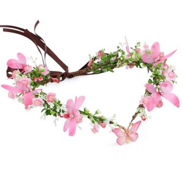Imagem de MOSTORY Coroa de flor de elfo rosa - tiara de fada de borboleta feita à mão com círculo floral na floresta para Renascença Renfaire primavera casamento fada fantasia feminina cosplay