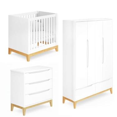 Imagem de Quarto de Bebê Amor Perfeito com Berço Médio Colchão Cômoda 3 Gavetas e Guarda-Roupa 4 Portas MDF e Madeira Maciça Pintura UV Atóxica e Design Clean