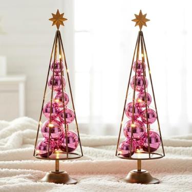 Imagem de LEIFIDE Decorações de mesa de Natal de 15,7 polegadas, 2 peças de decorações de mesa de cone de metal com topo de estrela e bolas, tiras de luz de LED para enfeite de mesa de festa de casamento de