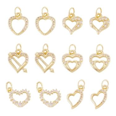 Imagem de Cheriswelry Pingentes de coração de zircônia cúbica, 12 peças, banhado a ouro 18 K, pingentes de metal em latão, 11,5 a 14 mm para artesanato faça você mesmo, joias para o Dia dos Namorados