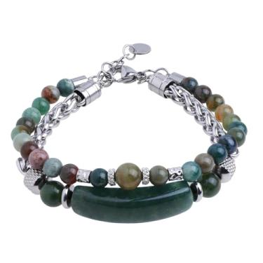 Imagem de Nupuyai Pulseira de cristal de camada dupla com tubo curvo e contas redondas de 6 mm em aço inoxidável, design unissex de comprimento ajustável com placa de gravação DIY, 8“, Pedra de ágata indiana