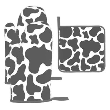 Imagem de Cow Stria – Conjunto de cozinha essencial com 3 peças, luvas resistentes ao calor e alça de tampa, proteção para churrasco no forno, design de armazenamento suspenso.