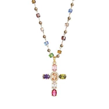 Imagem de BQKBX Colar de cruz colorida para mulheres, colar com pingente de cruz de arco-íris, corrente colorida, colar de cruz gótico, católico, acessórios de fantasia cristã, Medium, zircão, Sem Pedra