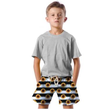 Imagem de Shorts Infantil Bermuda Calção Praia Verão Listras Girassóis Cartoon F