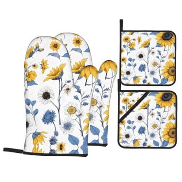 Imagem de Conjunto de luvas de cozinha com estampa de girassóis com suportes de tampa, luvas de forno resistentes ao calor para manusear panelas quentes, grelhar, churrascos, kit de 4 peças.