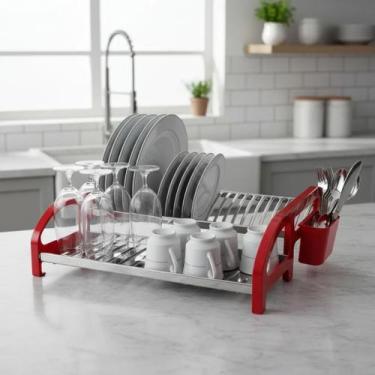 Imagem de Escorredor de Louça 20 Pratos Vermelho em aço Inox Cama com Porta Talh
