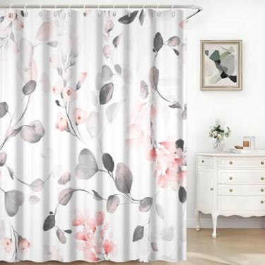 Imagem de TTQYFNM Cortina de chuveiro cinza e rosa primavera aquarela folhas de eucalipto com cortina de chuveiro floral para banheiro banheira decoração de casa lavável tecido impermeável cortinas de banho