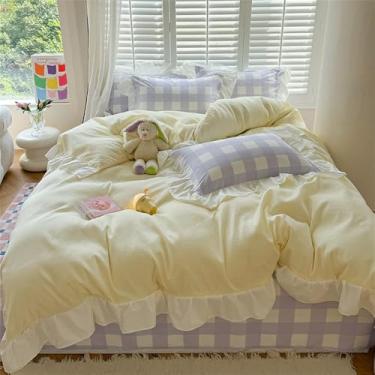 Imagem de XLCZMYL Conjunto de capa de edredom de renda com 4 peças (1 capa de edredom + 1 lençol de cima + 2 fronhas, sem núcleo), conjunto de cama com estampa xadrez rosa, amarelo e roxo, 1,2 lençol de cama 3