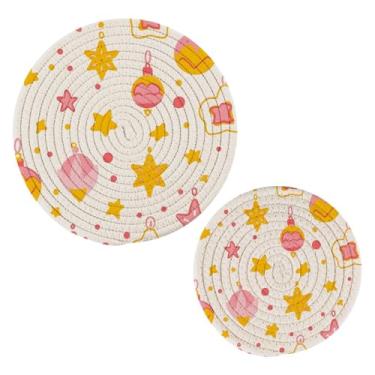 Imagem de Wassud Conjunto de enfeites de Natal amarelos para pratos quentes, suportes de panela redondos, almofadas quentes de algodão, porta-copos elegantes, decoração de cozinha e acessórios, 2 peças