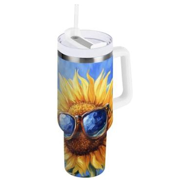 Imagem de Qilmy Copo de girassol com pintura a óleo de 1,134 g com tampa e palha, copo isolado de aço inoxidável durável à prova de vazamento com alça, garrafas de água à prova de derramamento para viagens1889